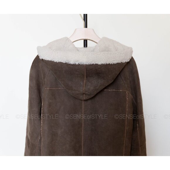 Brunello Cucinelli Women Leather Fur Coat Hooded Monili Jacket size 40 S - Picture 11 of 12